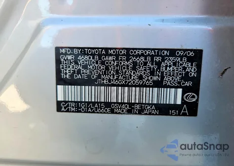 2007 Lexus Es 350 z USA, uszkodzony, nr VIN JTHBJ46GX72059765